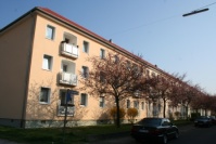 Dreigeschossige Wohnhäuser an einer Straße mit Bäumen davor, hell gehaltene Fassaden.