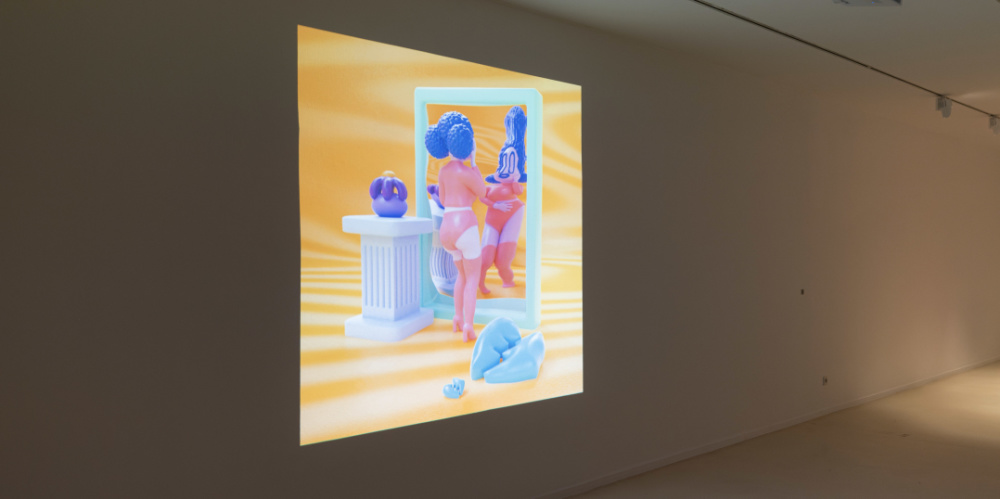 Ausstellungsraum der Stadtgalerie, an der Wand ist The (Not So) Funhouse von Loulou João zu sehen. Auf dem Boden PLAYGROUND von Vanessa Husson &  Geoffrey Blan