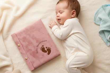 Baby mit Stammbuch auf einer Decke
