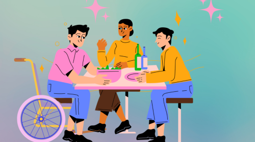 Aktionstag (Gem)einsam in der Nachbarschaft - Grafik Bunte Illustration zum Aktionstag: Drei Personen sitzen an einem gedeckten Tisch und unterhalten sich. Ein Mann sitzt im Rollstuhl. Der Hintergrund ist blau-rosa.